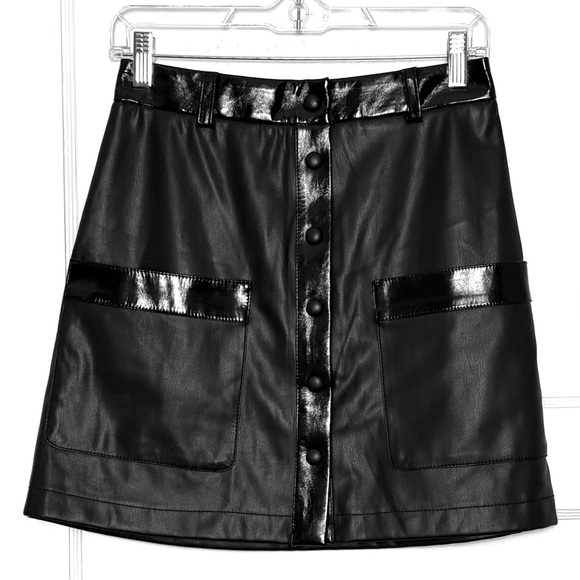 STAUD 70s Faux Leather High Waist Button Front Patent Trim Pocket Mini Skirt 6 - Picture 7 of 14